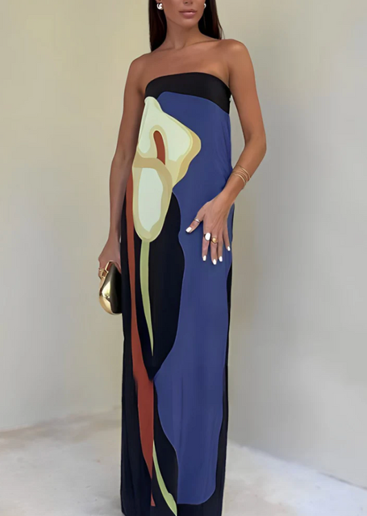 Lido Laguna - Strapless Color Block Printed Maxi Party Dress